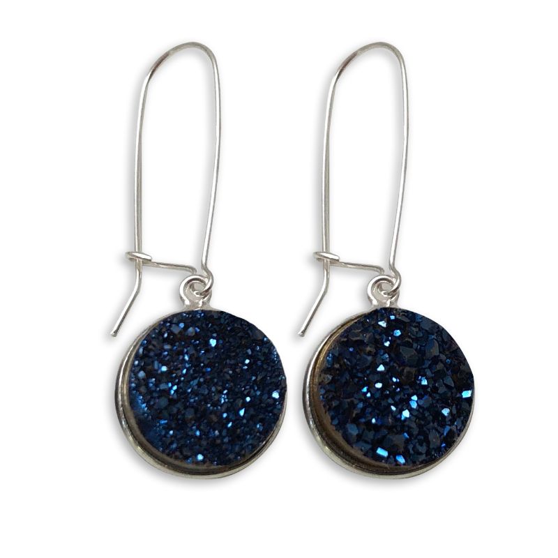 Sparkling dark blue druzy stone earrings with silver hooks.