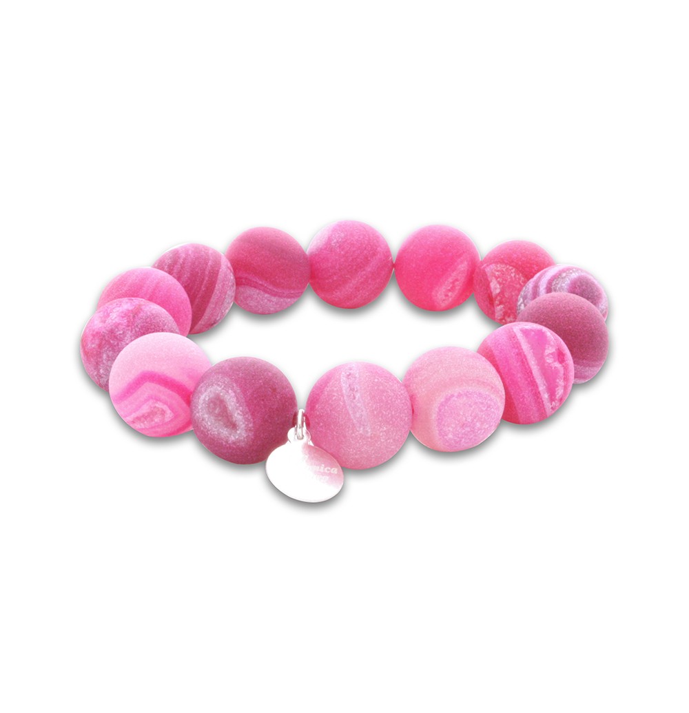 A pink beaded bracelet with a heart charm.