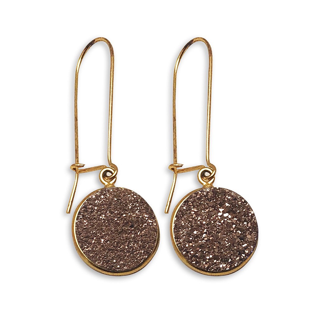 Gold earrings with round, glittery brown pendants.