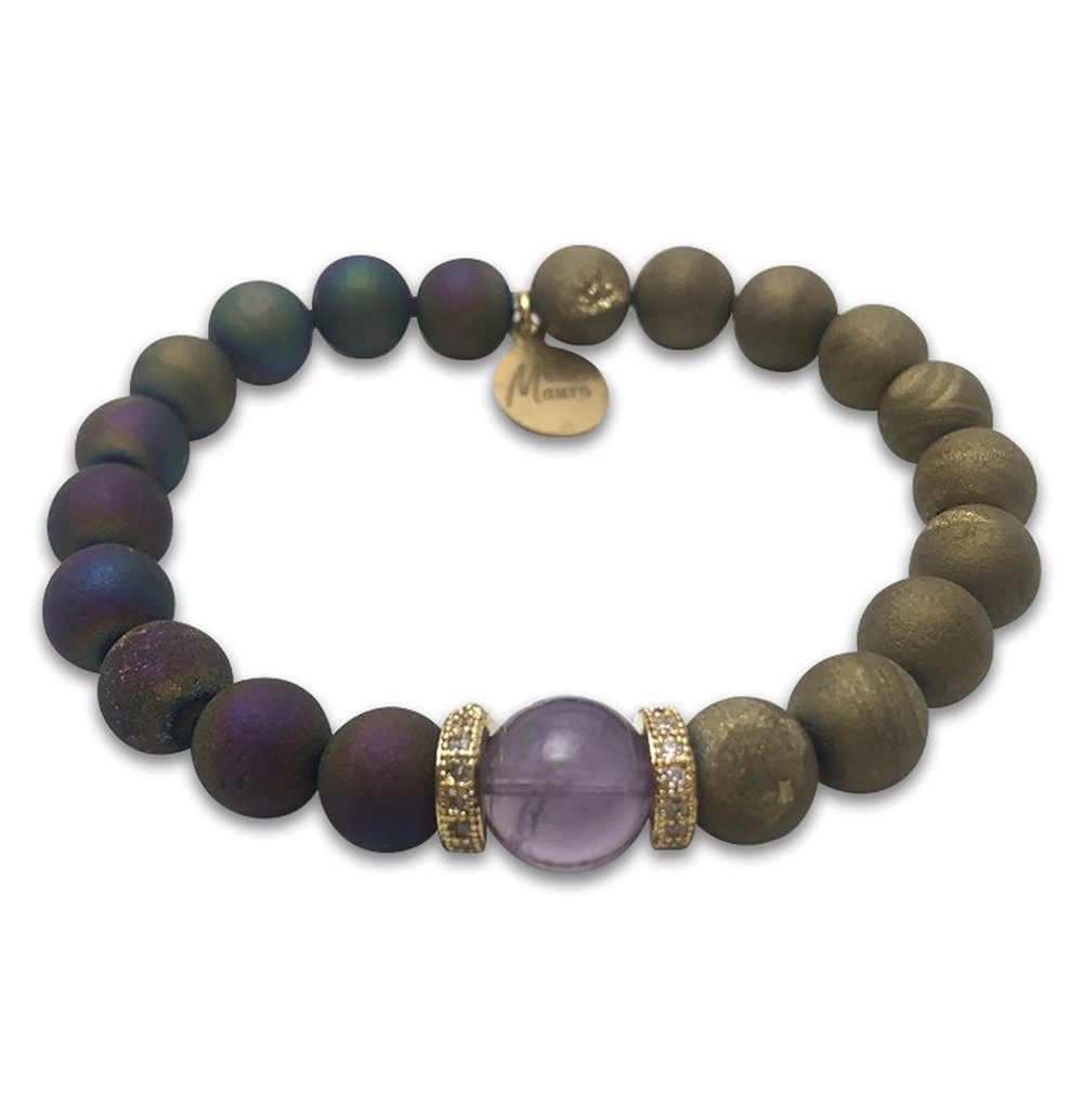 A beaded bracelet with a central purple stone and a small heart charm.