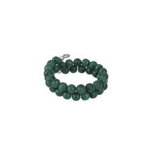 A green beaded bracelet with a silver clasp.