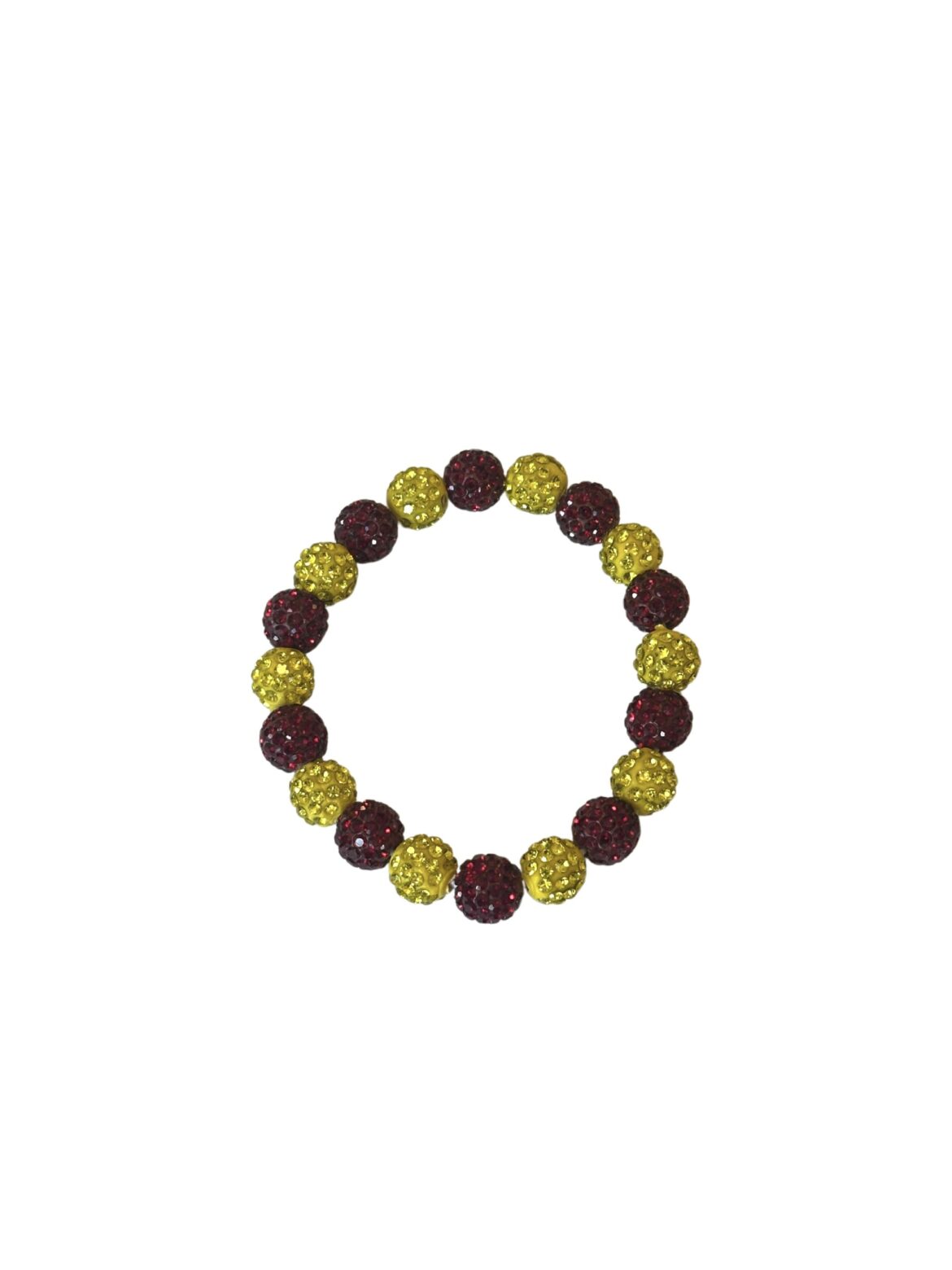 A circular beaded bracelet with alternating gold and dark purple beads.