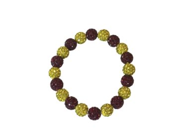A circular beaded bracelet with alternating gold and dark purple beads.