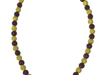 A beaded necklace with alternating brown and yellow beads.
