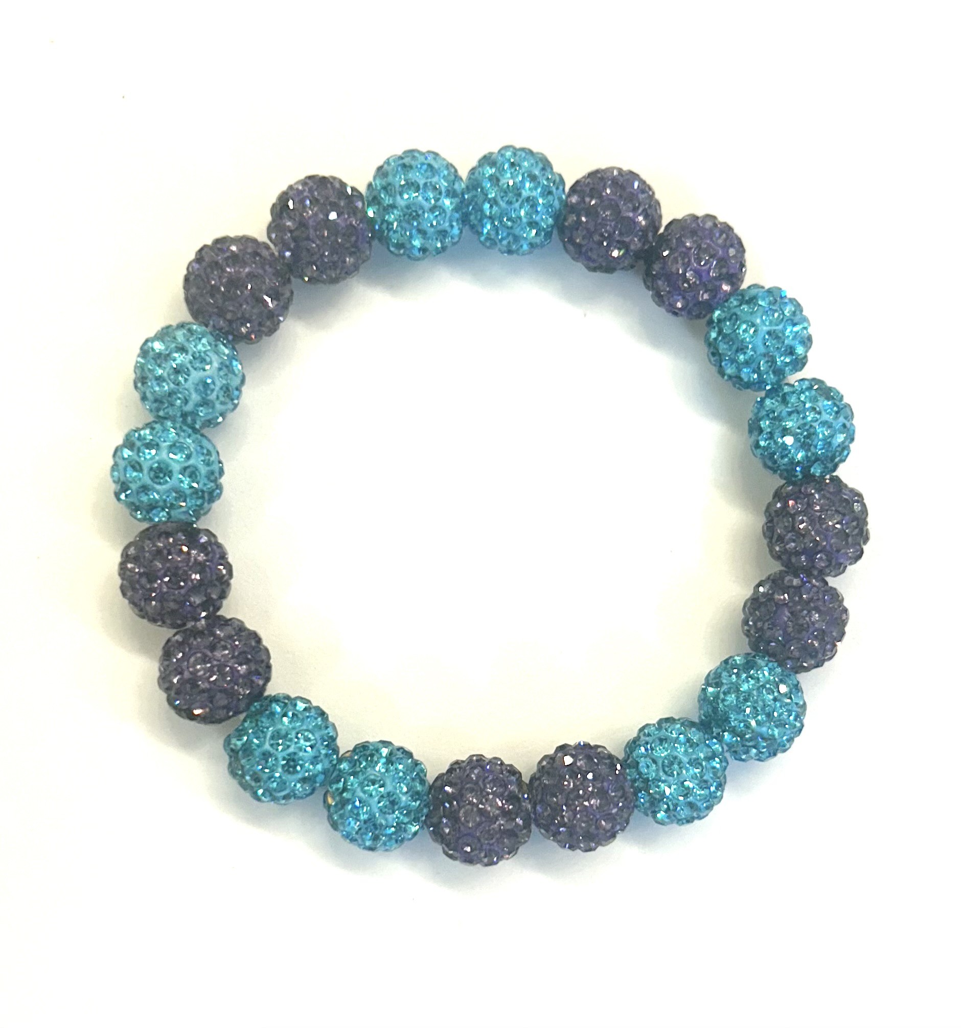 Blue and purple beaded bracelet on display.