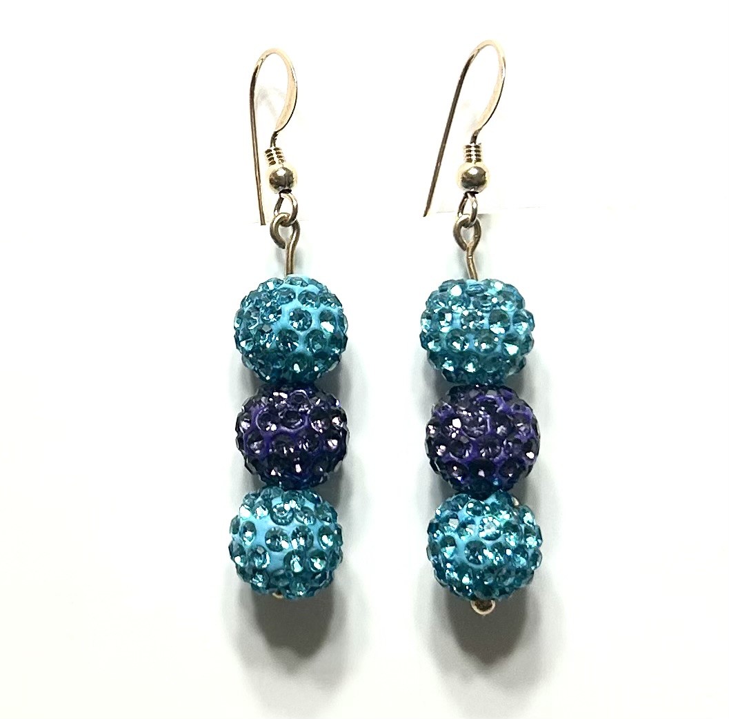 Blue and purple beaded dangle earrings.